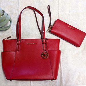 Red Pebbled Leather Michael Kors Handbag and Wallet